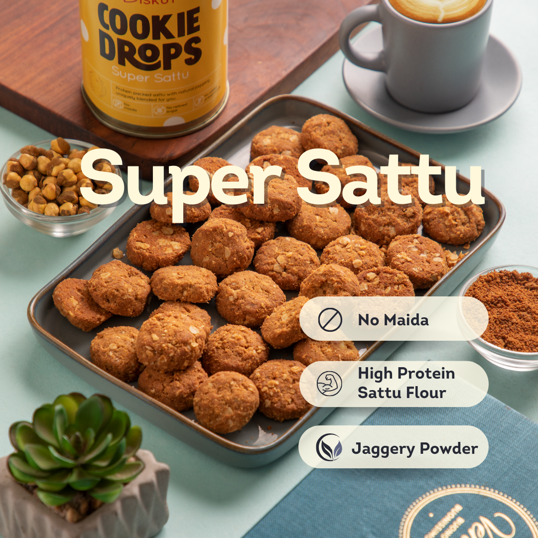 Bite size sattu and oat cookies with natural jaggery powder.