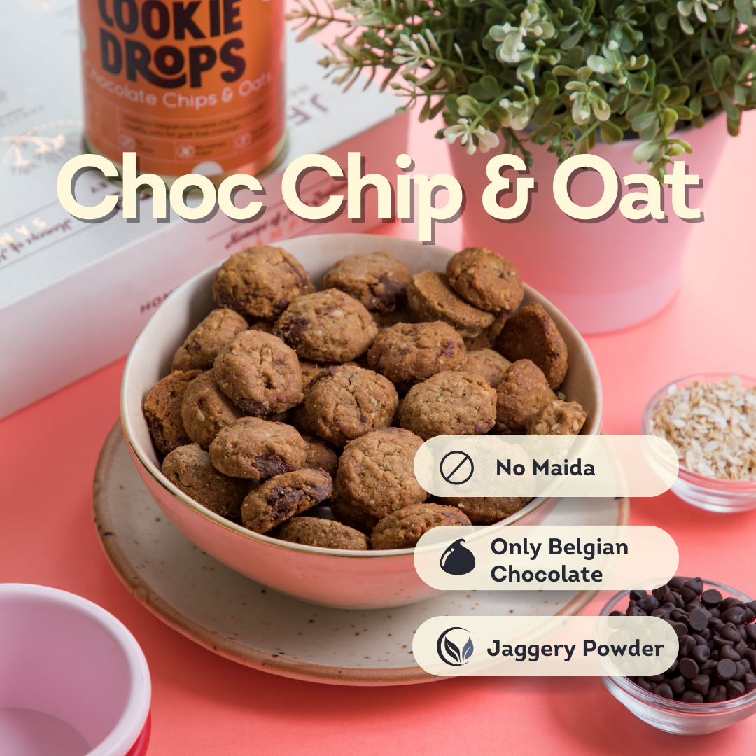 bite size wholewheat cookies made with belgian chocolate chips and jaggery powder.