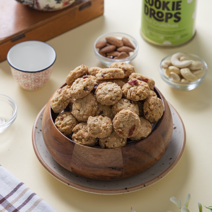Bite size oat cookies with dried fruits and nuts.